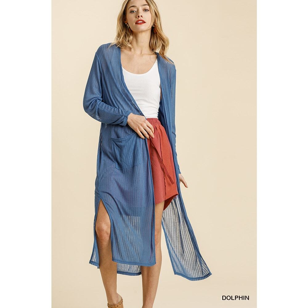 Umgee Blue Sheer Open Front Long Cardigan Ribbed Duster Pockets Side Slits, Sz S